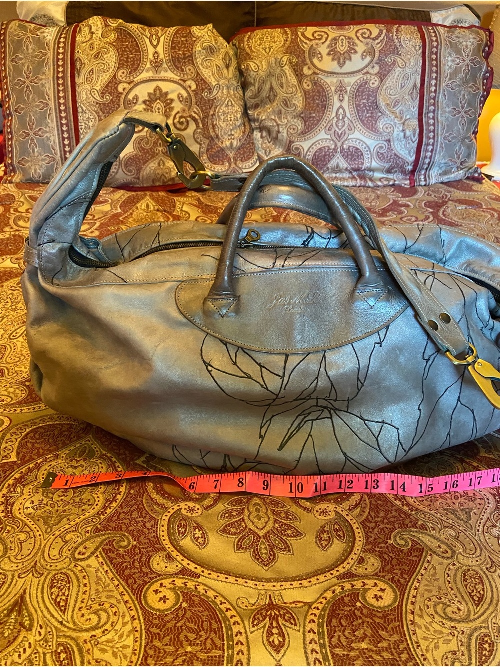 JAS MB Metallic Silver Leather Embroidered Crossbody Satchel